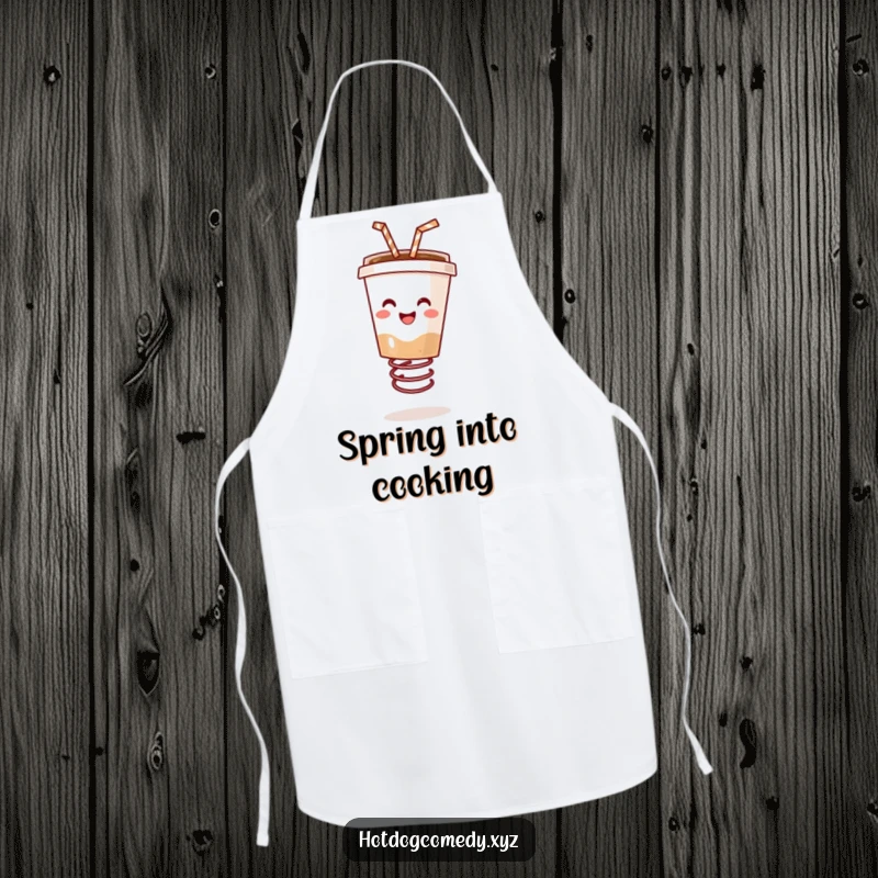 Funny happy coffee cup with a straw bouncing on a spring while wearing an apron, great for a funny gift.