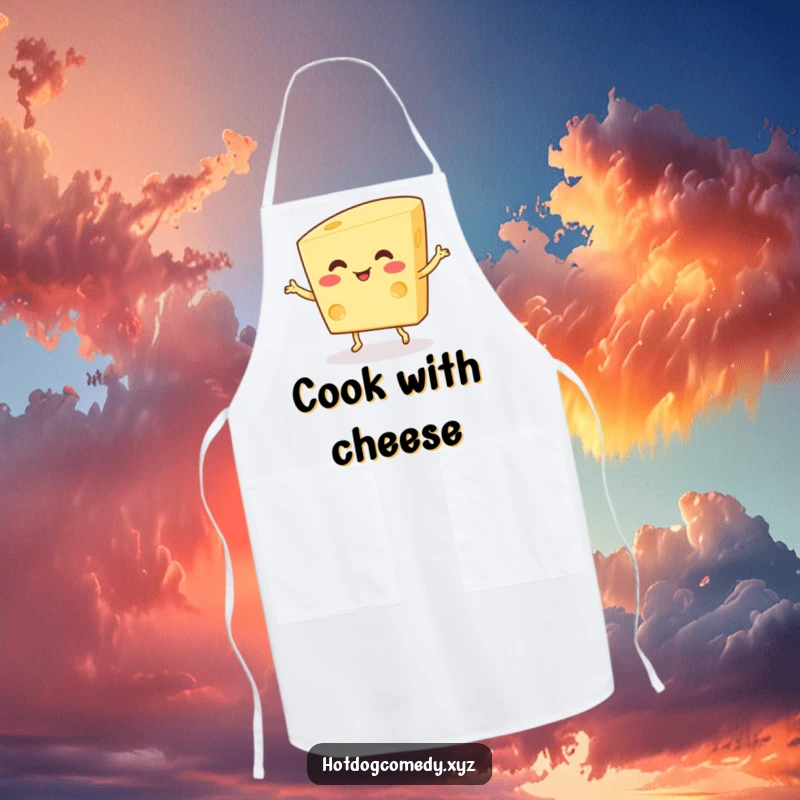 Funny Apron: A happy, wiggling piece of cheese with small feet does a delightful dance, bringing humor to cooking.