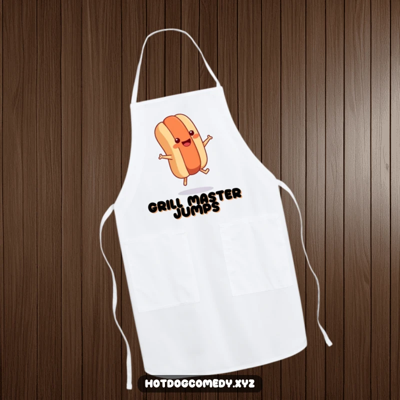 Funny kitchen apron with a smiling hot dog with tiny legs jumping rope, for energetic cooks and humorous gifts.