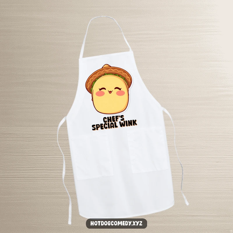 Funny Taco Apron: A blushing taco in a sombrero winks, ready to add fun to any cooking session.