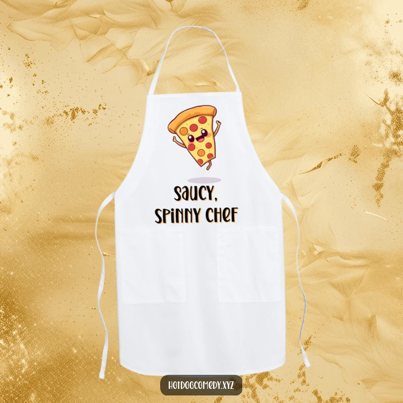 Funny kitchen apron with a cheerful pizza slice doing a cartwheel, for playful cooks and humorous gifts.