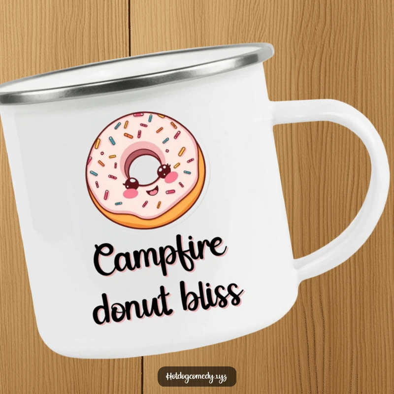 Funny delighted donut with sprinkles doing a little spin on a durable camping mug, ready for outdoor fun, ideal for a funny gift.