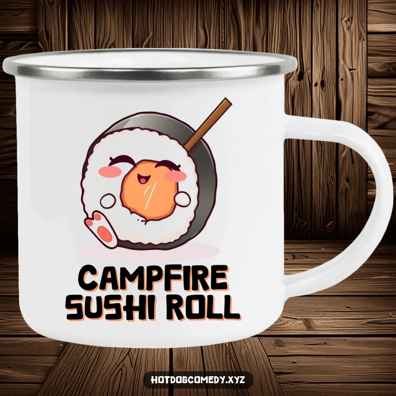 Funny winking sushi roll with feet playfully wiggling a chopstick on a durable camping mug, ready for outdoor fun, ideal for a funny gift.