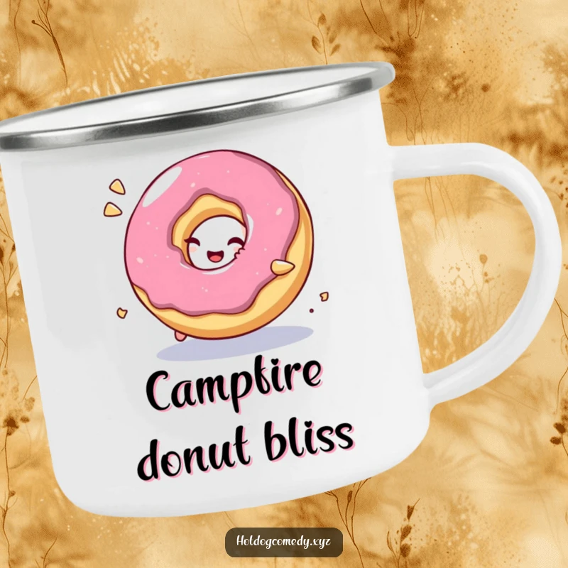 Funny Camping Mug: A bubbly, giggling donut character rolls with playful energy, perfect for enjoying beverages outdoors.