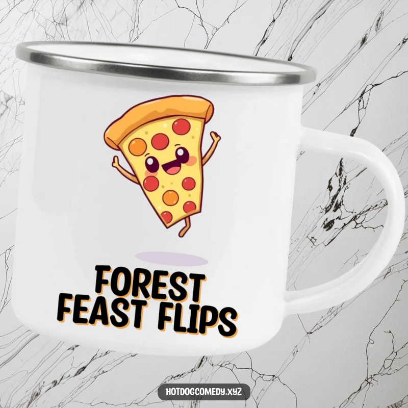 Funny pizza slice jumping rope on an enamel camping mug, for cheerful outdoor adventures and humorous breaks.
