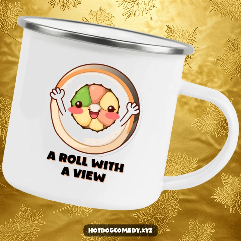 Funny cheerful, circular sushi roll with tiny arms waving happily on a rustic enamel camping mug.