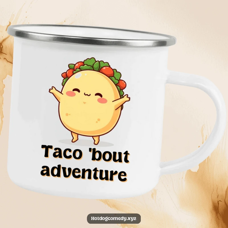 Funny Camping Mug: A plump, blushing taco character energetically jigs, perfect for enjoying drinks on the go with humor.