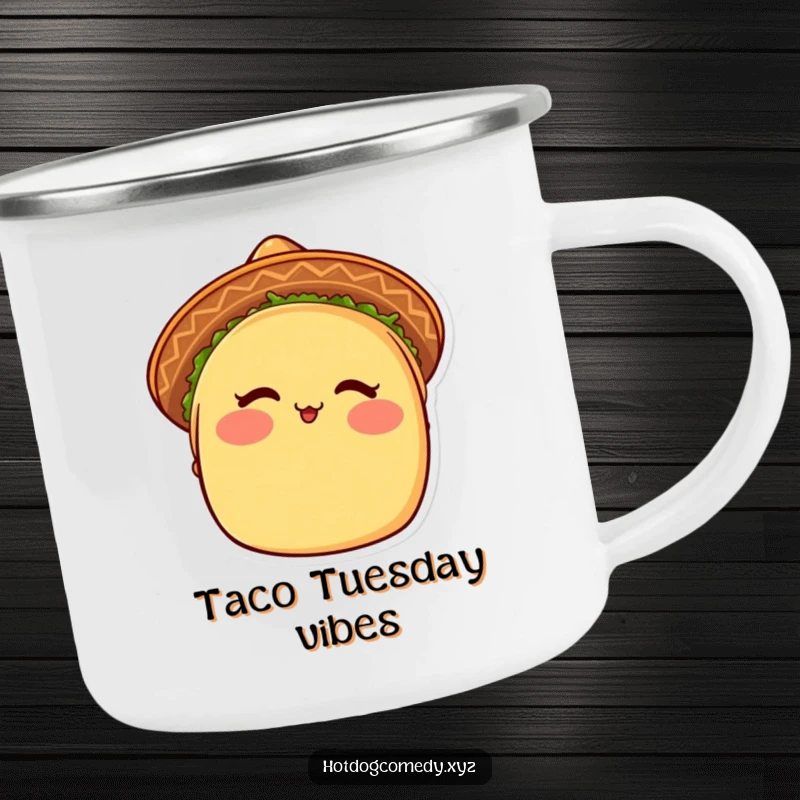 Funny Taco Camping Mug: A blushing taco with a sombrero winks, perfect for enjoying drinks outdoors with humor.