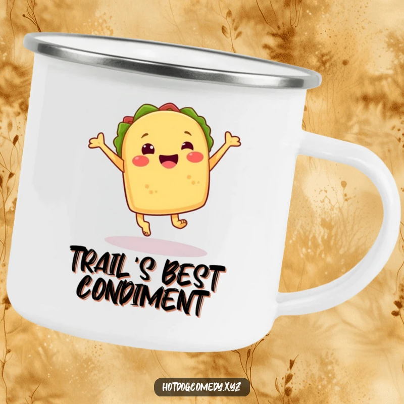 Funny cheerful taco with little feet mid-leap on a durable camping mug, ready for outdoor fun, ideal for a funny gift.