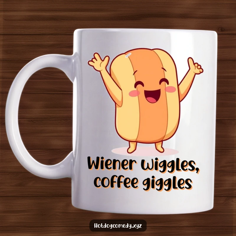 Funny dancing hot dog with tiny legs and arms in the air, enthusiastically celebrating, perfect for a funny gift mug.