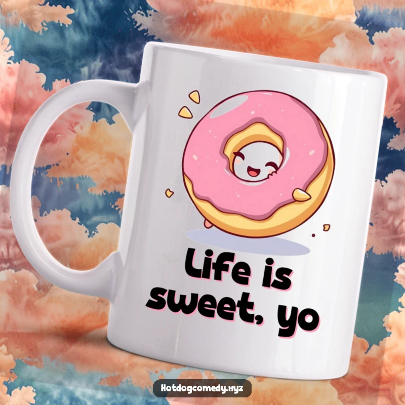 Funny Mug: A bubbly, giggling donut character rolls around playfully, radiating sweet and comical delight.