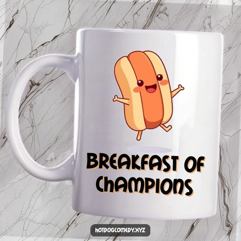 Funny smiling hot dog with tiny legs jumping rope energetically on a coffee mug, embodying fitness and humor.
