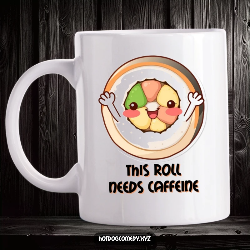 Funny cheerful, circular sushi roll with tiny arms waving happily on a ceramic coffee mug.