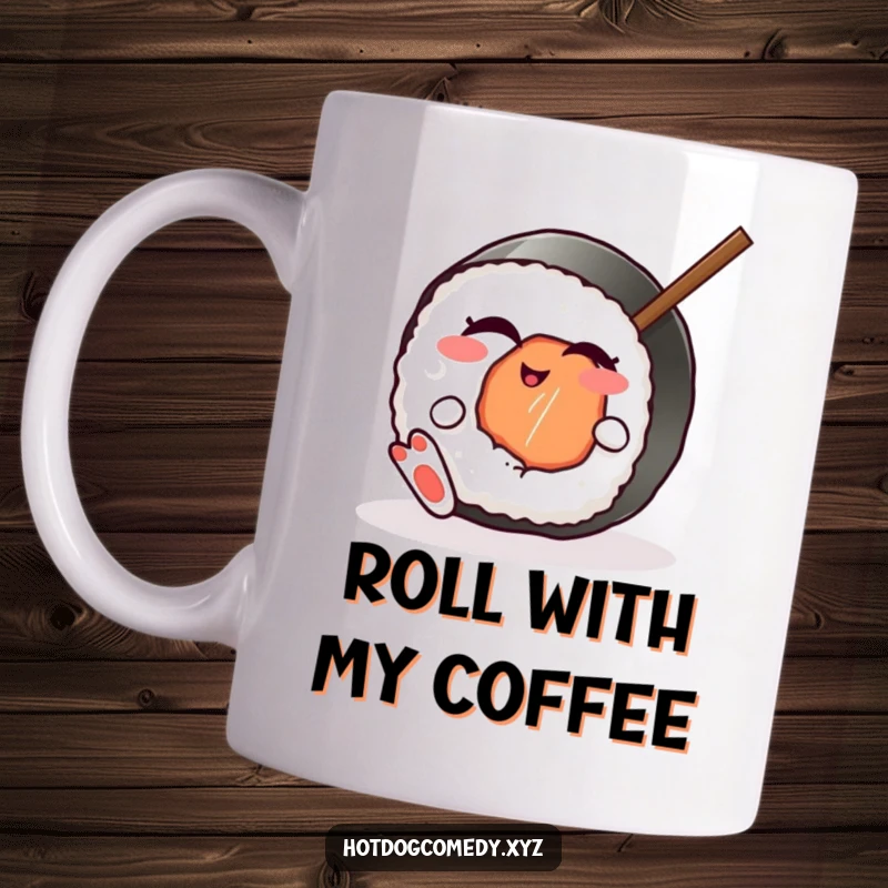 Funny winking sushi roll with feet playfully wiggling a chopstick, looking mischievous on a mug, ideal for a funny gift.