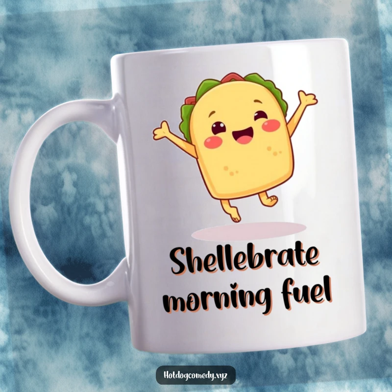 Funny cheerful taco with little feet mid-leap, full of joy and energy, depicted on a mug, ideal for a funny gift.