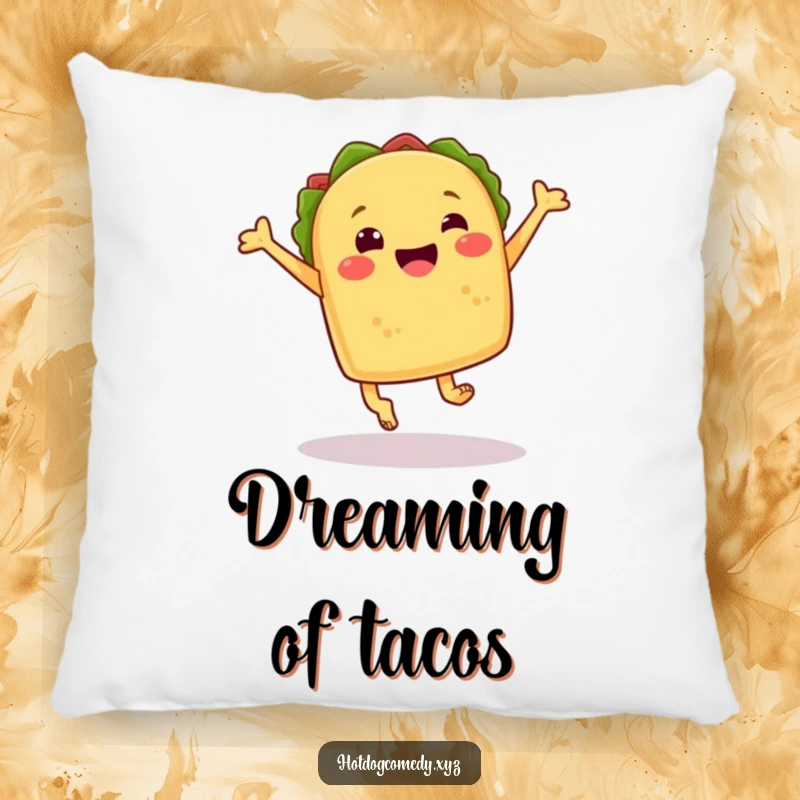 Funny cheerful taco with little feet mid-leap, on a soft pillow, bringing comfort and joy, perfect for a funny gift.