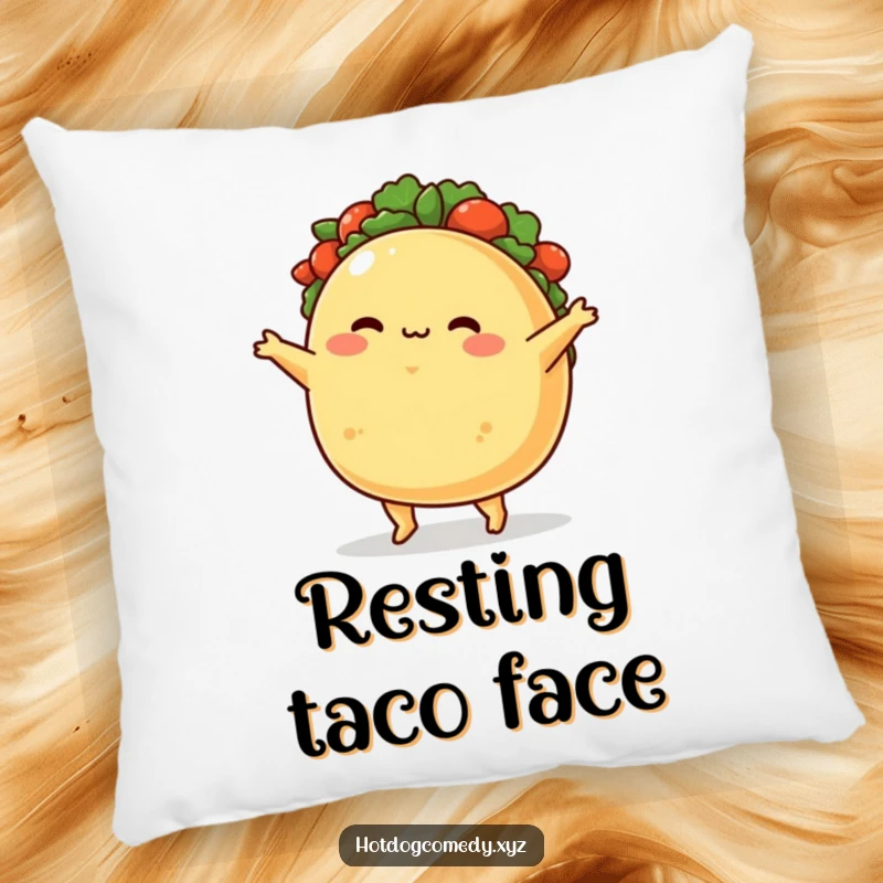 Funny Pillow: A plump, blushing taco character happily jigs, offering delightful comfort and a burst of comical cheer.