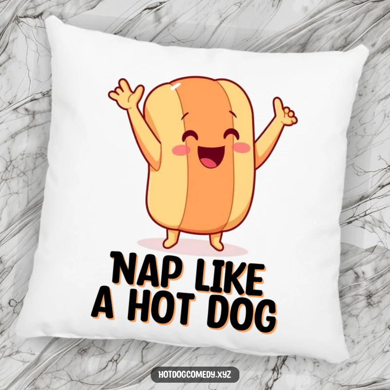 Funny dancing hot dog with tiny legs, arms up, on a soft pillow, bringing comfort and smiles, ideal for a funny gift.