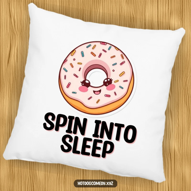 Funny delighted donut with sprinkles mid-spin on a soft pillow, bringing comfort and sweetness, perfect for a funny gift.