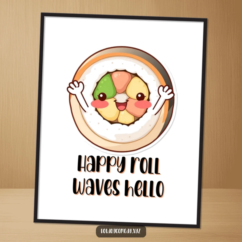 Funny cheerful, circular sushi roll with tiny arms waving happily, presented as a vibrant digital art print.