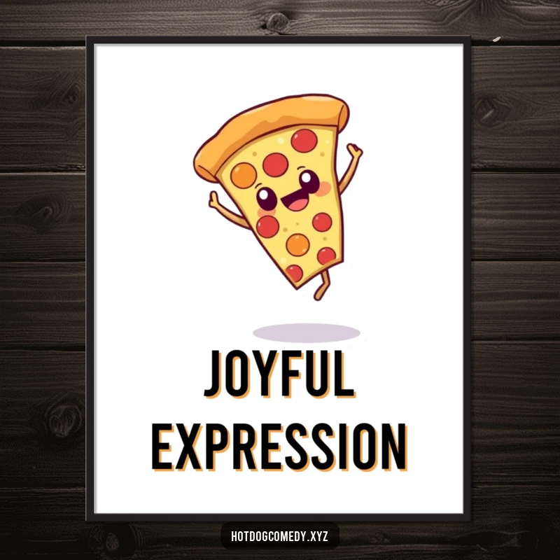 Funny cheerful pizza slice with eyes doing a cartwheel as a digital art print, ready for playful food decor and humor.