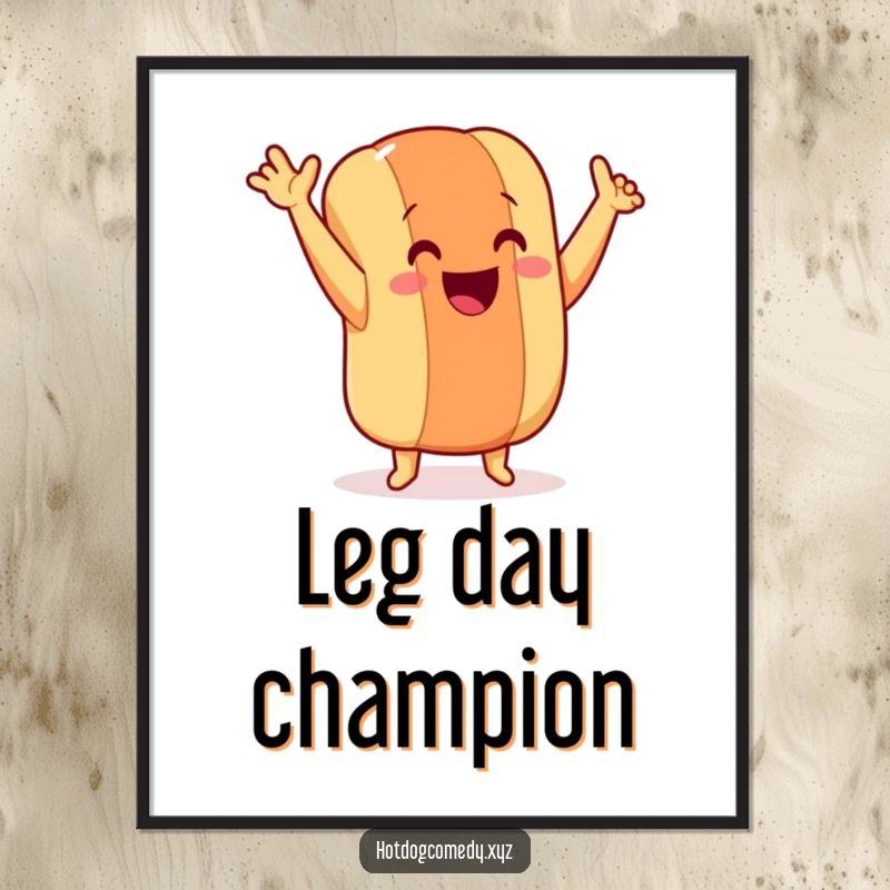 Funny dancing hot dog with tiny legs and arms in the air, as a digital art print, full of energy, ideal for a funny gift.