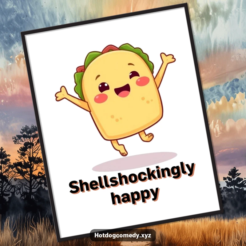 Funny cheerful taco with little feet joyfully leaping, as a digital art print, full of energy, ideal for a funny gift.