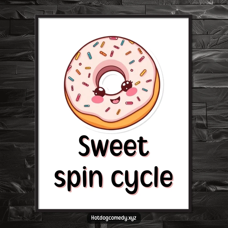 Funny delighted donut with sprinkles doing a little spin, as a digital art print, full of joy, ideal for a funny gift.