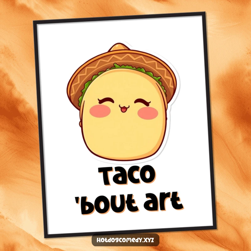 Funny Taco Digital Art: A blushing taco wearing a sombrero winks, a vibrant and humorous printable artwork.