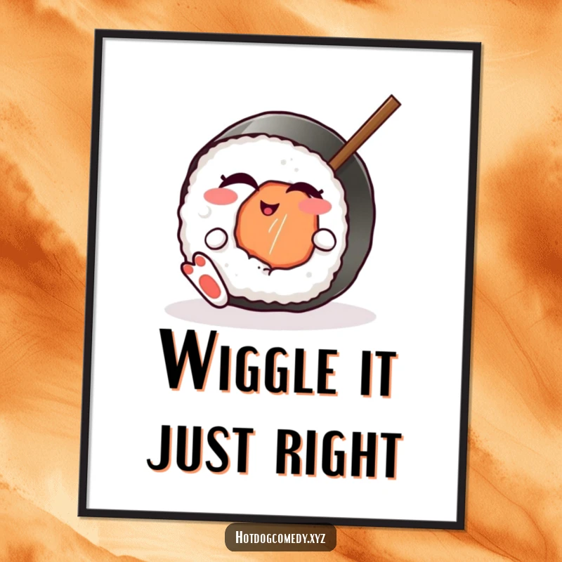 Funny winking sushi roll with feet playfully wiggling a chopstick, as a digital art print, full of charm, ideal for a funny gift.