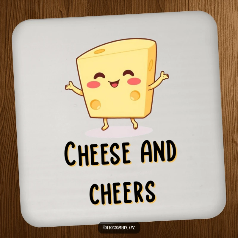 Funny Drink Coasters: A happy, wiggling piece of cheese with tiny feet dances, providing protection with comical charm.