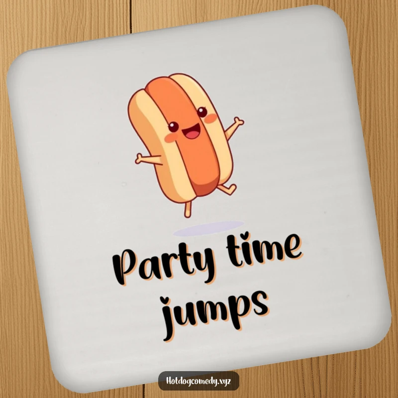 Funny hot dog jumping rope on a drink coaster, protecting surfaces with energetic humor and a cheerful vibe.