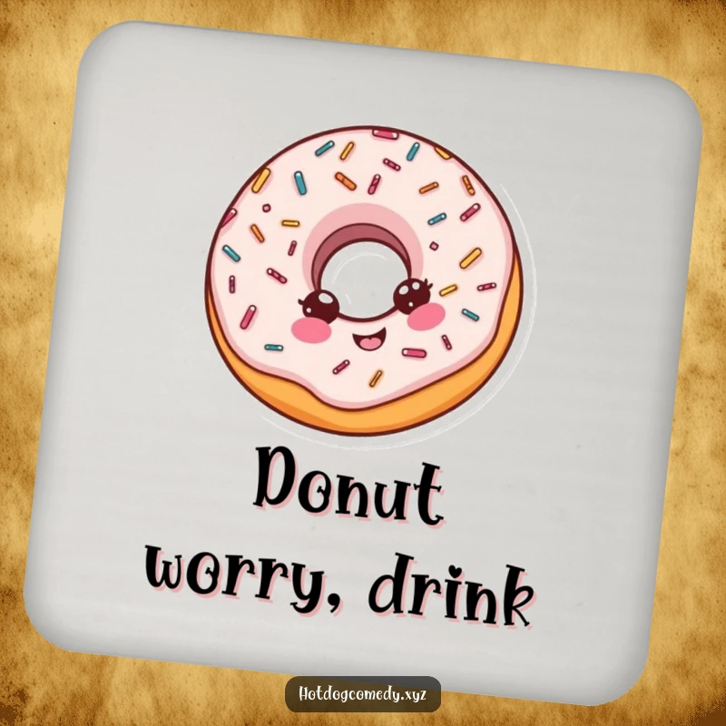 Funny delighted donut with sprinkles doing a little spin on a drink coaster, bringing sweet vibes, perfect for a funny gift.