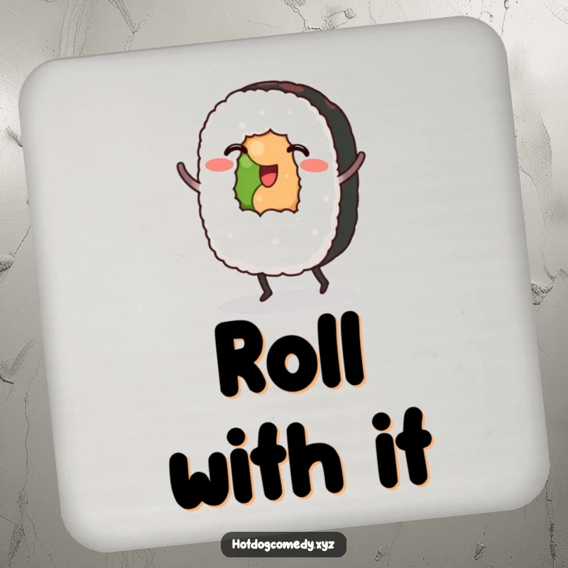 Funny Sushi Coasters: A sushi roll with small feet dances, adding humorous Japanese charm to any table.