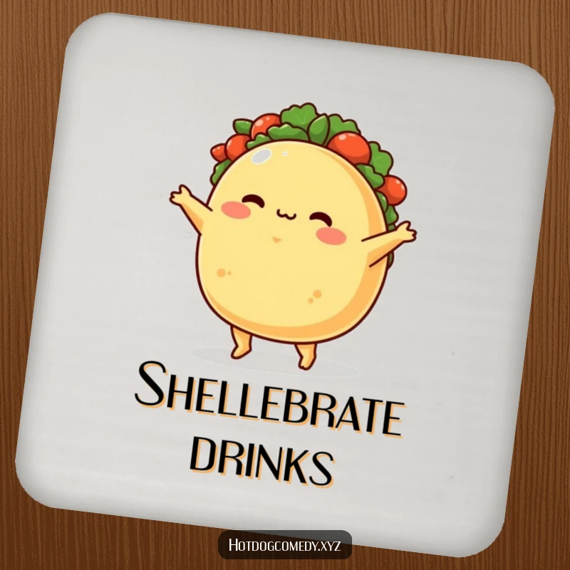 Funny Drink Coasters: A blushing taco character happily jigs, adding a touch of comical delight to protect surfaces.