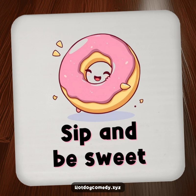 Funny Drink Coasters: A bubbly, giggling donut character rolls playfully, offering protection with sweet, comical charm.