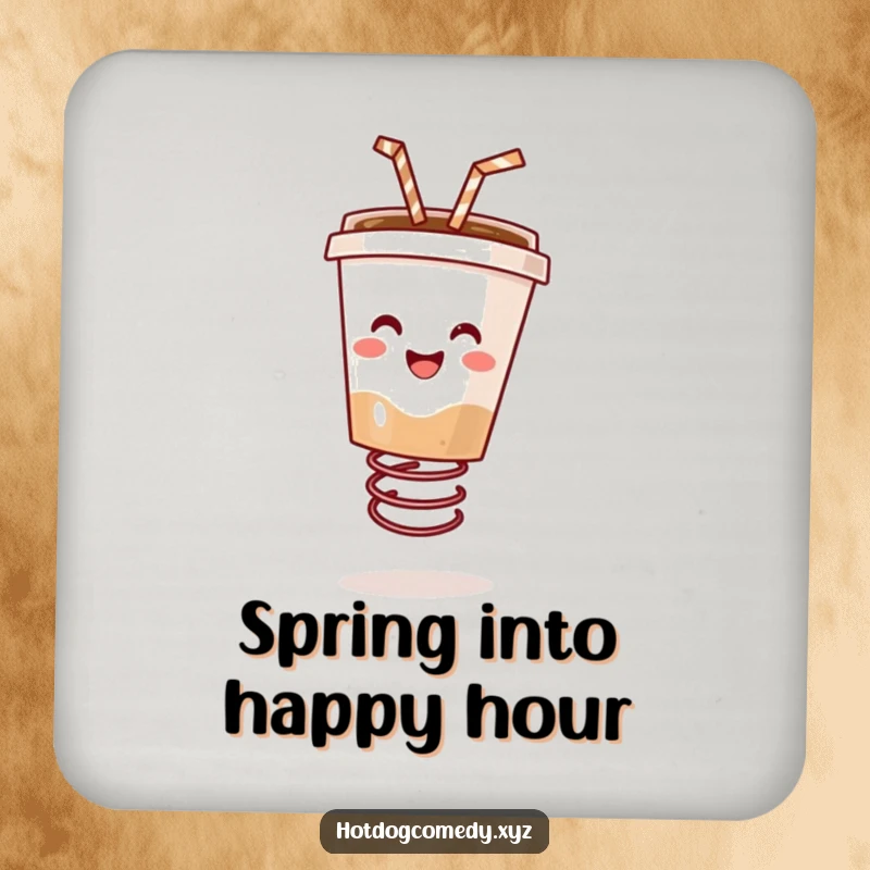 Funny happy coffee cup with a straw bouncing on a spring on a drink coaster, bringing energetic vibes, perfect for a funny gift.
