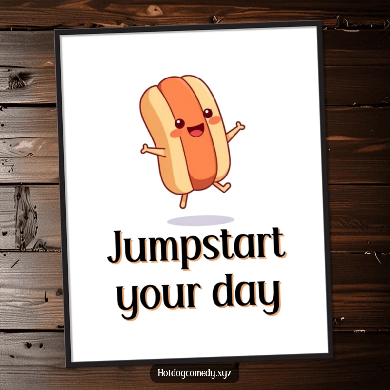 Art print of a smiling hot dog with tiny legs jumping rope energetically, bringing playful fitness humor to walls.