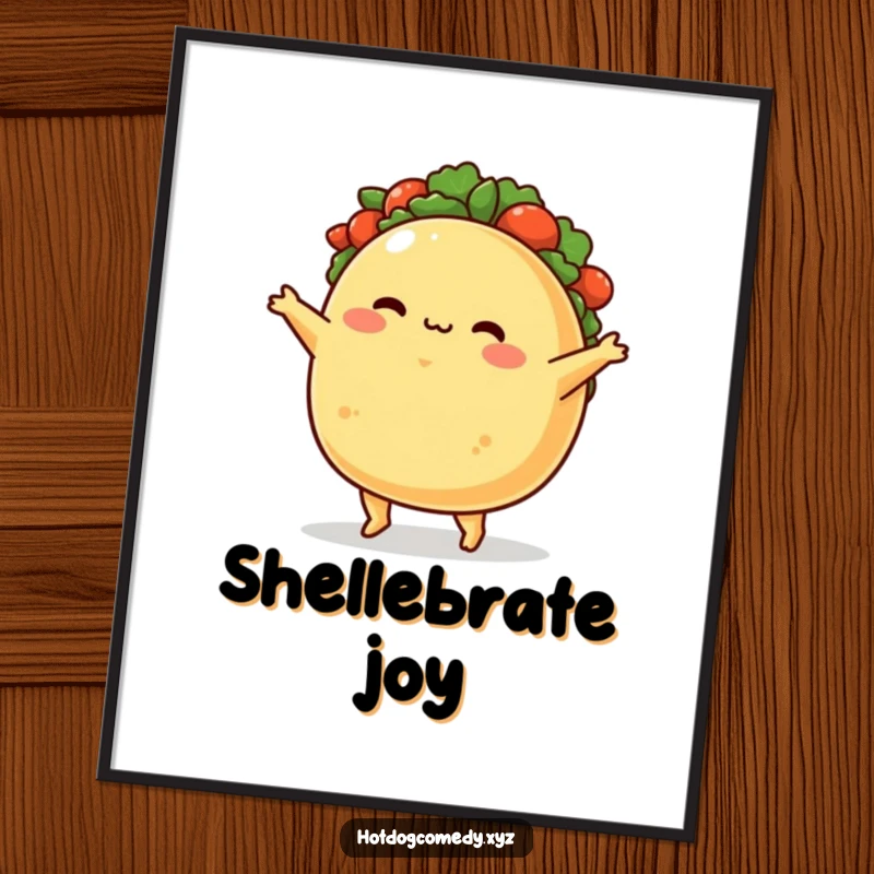 Funny Poster: A plump, blushing taco character is captured mid-jig, radiating happiness and delicious, comical delight.