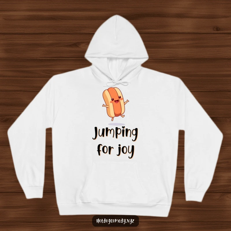 Funny hot dog with tiny legs jumping rope energetically, featured on a cozy hoodie for warm and humorous fitness sessions.