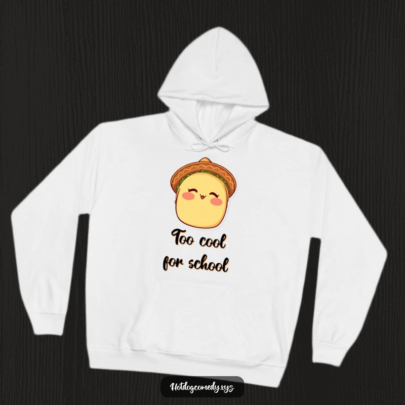 Funny Taco Hoodie: A cute blushing taco with a sombrero winks, offering warmth and a dose of humor.