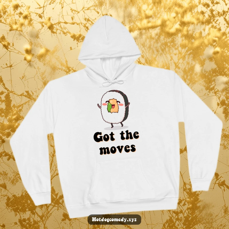 Funny Sushi Hoodie: A sushi roll with tiny legs dances happily, offering warmth and a humorous vibe.