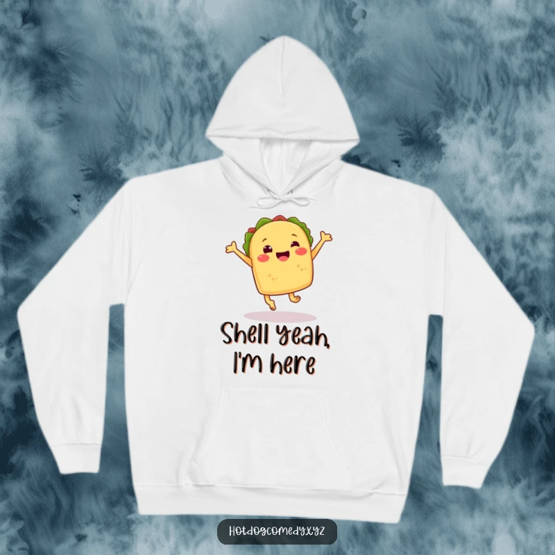 Funny cozy hoodie with a cheerful taco with little feet doing a joyful leap, perfect for a funny gift.