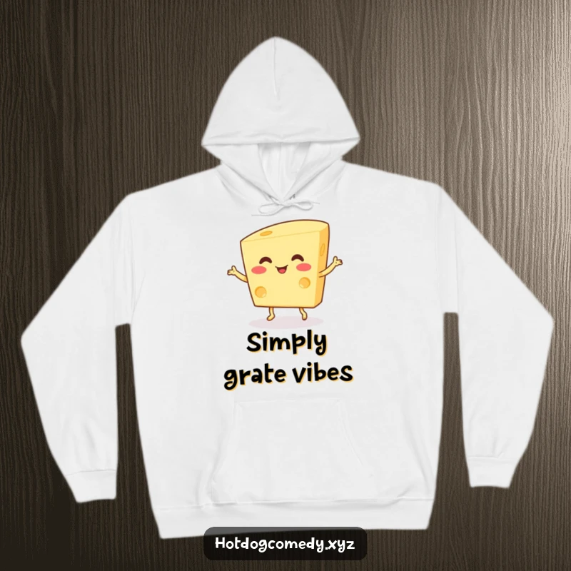 Funny Hoodie: A happy, wiggling piece of cheese with small feet dances with infectious delight, perfect for cozy moments.