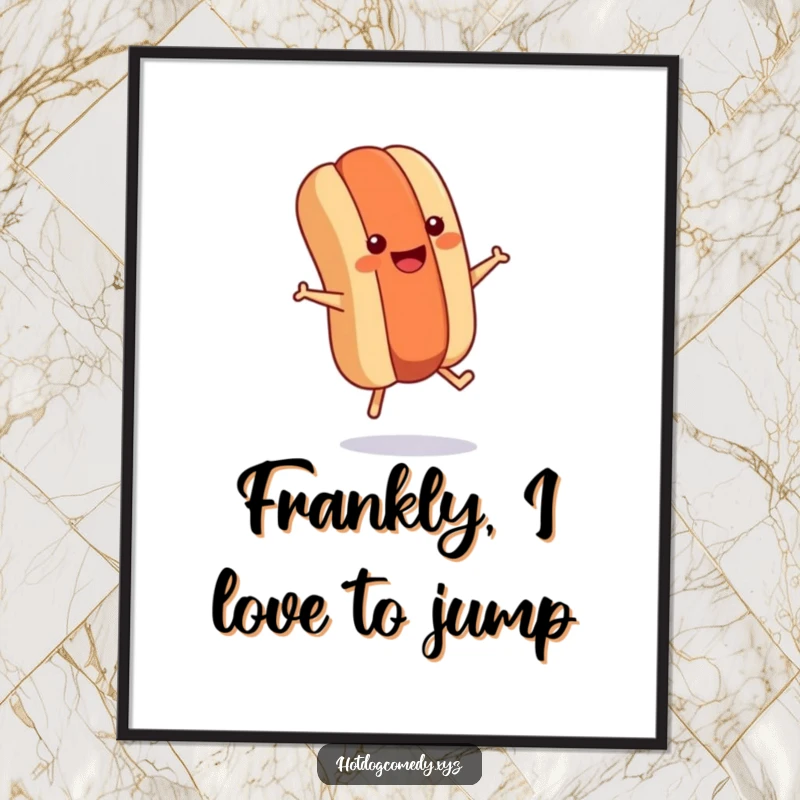 Funny Free Printable Wall Art: A smiling hot dog with tiny legs energetically jumps rope, bringing cartoon fitness humor to your room.