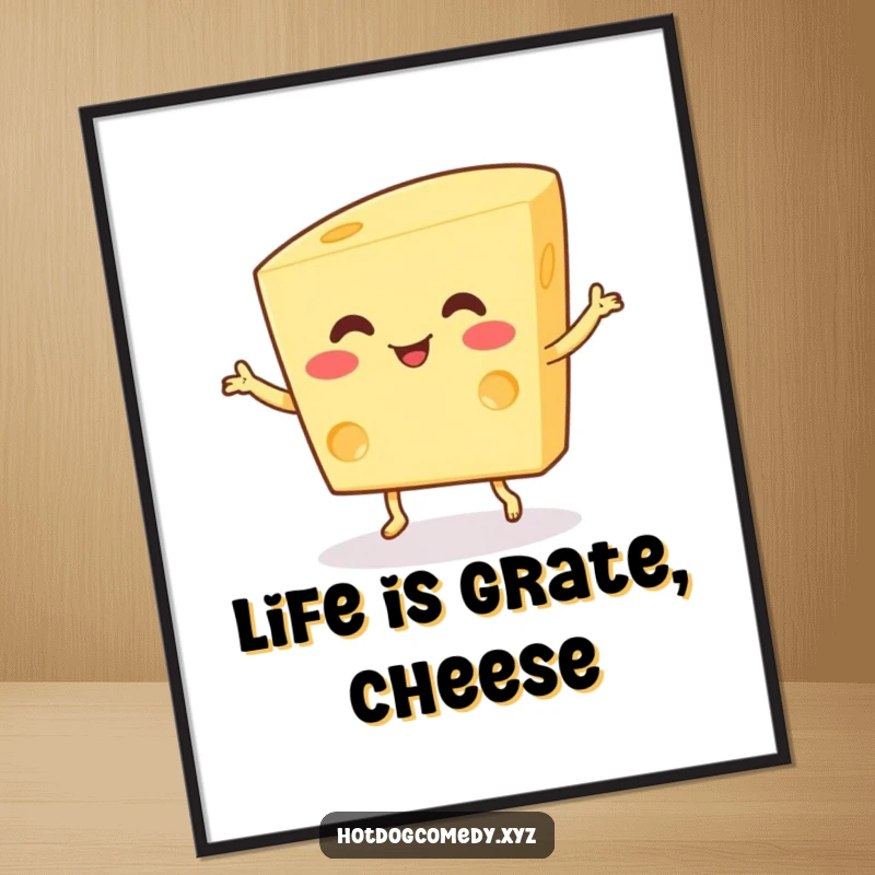 Funny Free Printable Cheese Wall Art: A wiggling, happy piece of cheese performing a cheerful tiny dance, adding whimsy.