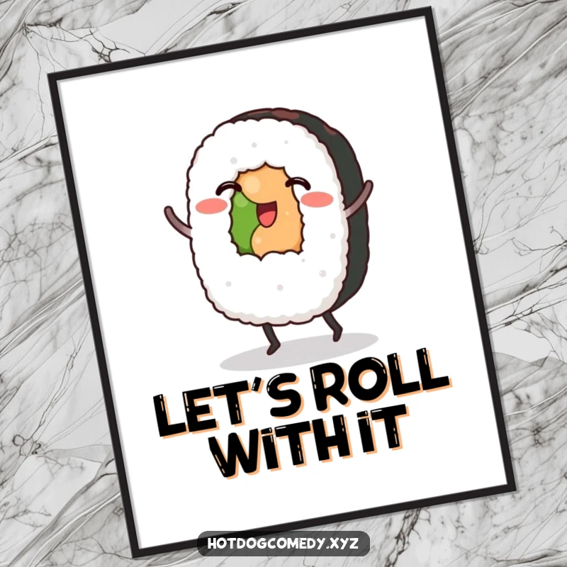Funny Free Printable Wall Art: A sushi roll with small feet enthusiastically dances a jig, bringing joy to your walls.