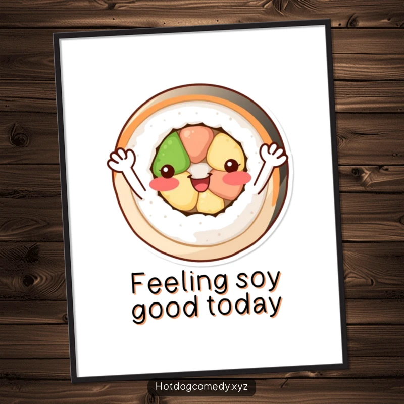 Funny Free Printable Wall Art: A happy, circular sushi roll with cheerful arms waves exuberantly, bringing joy.