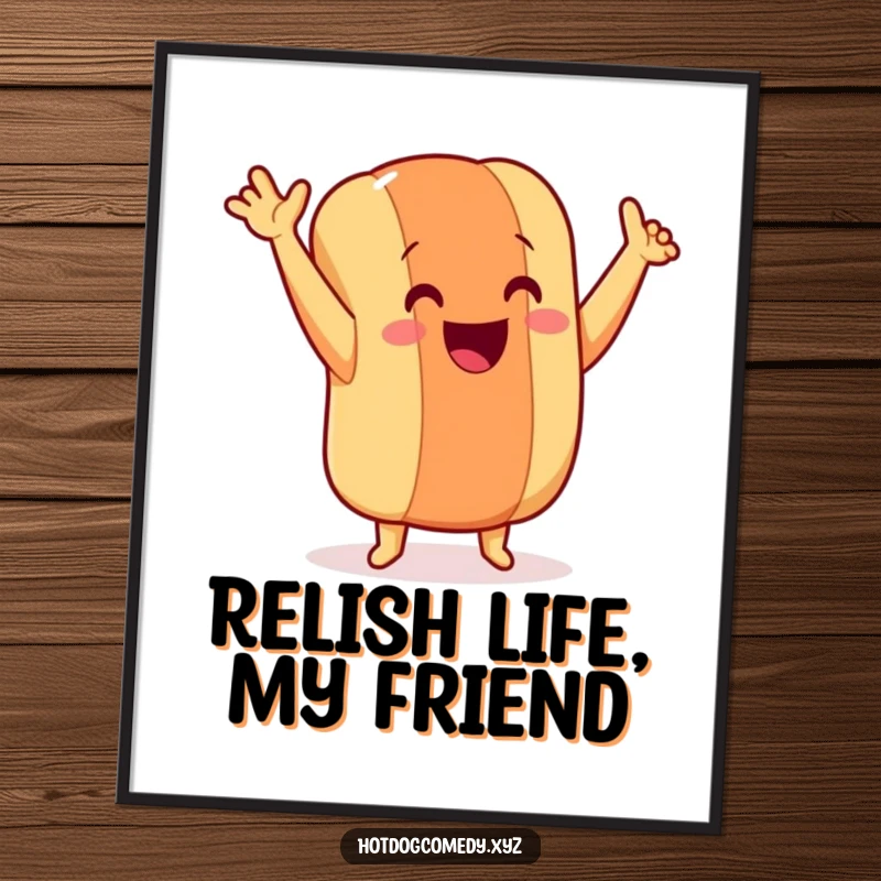 Funny Free Printable Wall Art: A vibrant illustration of a smiling hot dog with tiny legs dancing with pure glee.