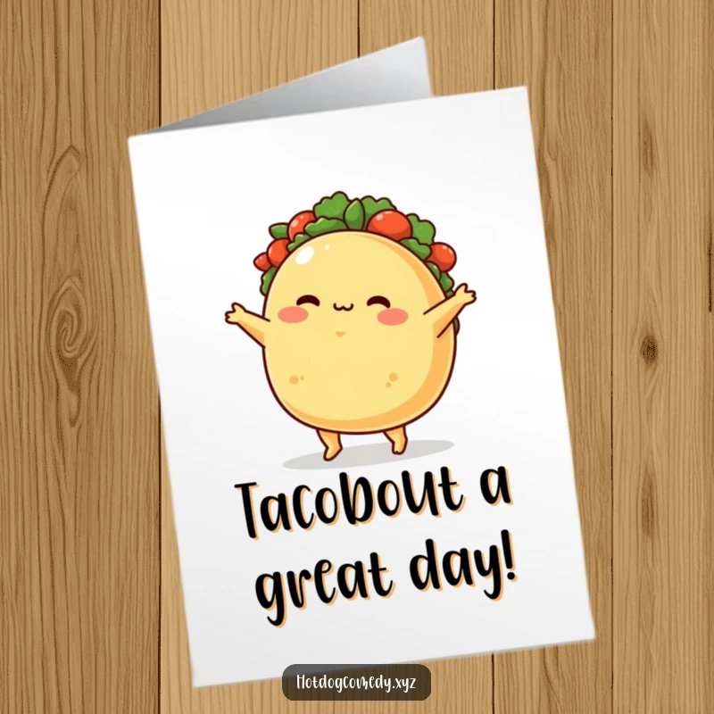 Funny Free Printable Taco Birthday Card: A plump, blushing taco character joyfully doing a delightful jig, perfect for a laugh.
